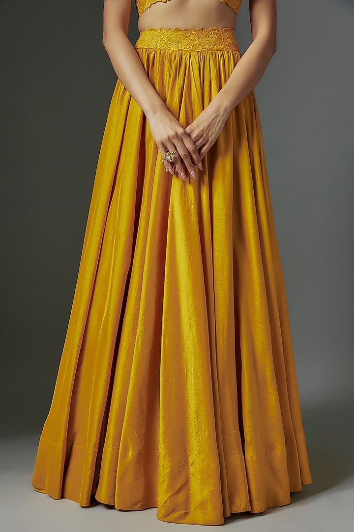 Yellow Dupion Silk Zardosi Embroidered Jacket Wedding Lehenga Set by Mrunalini Rao at Pernia's Pop Up Shop