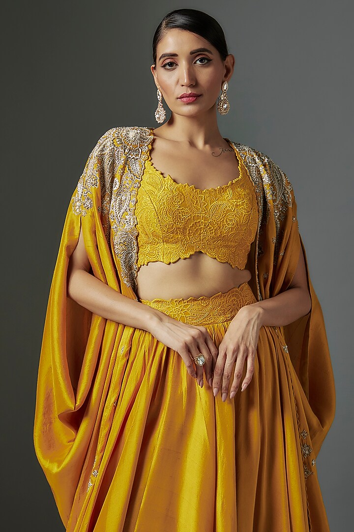 Yellow Dupion Silk Zardosi Embroidered Jacket Wedding Lehenga Set by Mrunalini Rao at Pernia's Pop Up Shop