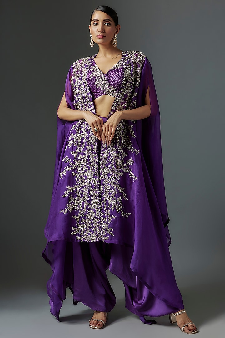Purple Organza Zardosi Embroidered Cape Set by Mrunalini Rao at Pernia's Pop Up Shop