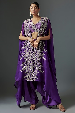 Purple Organza Zardosi Embroidered Cape Set by Mrunalini Rao