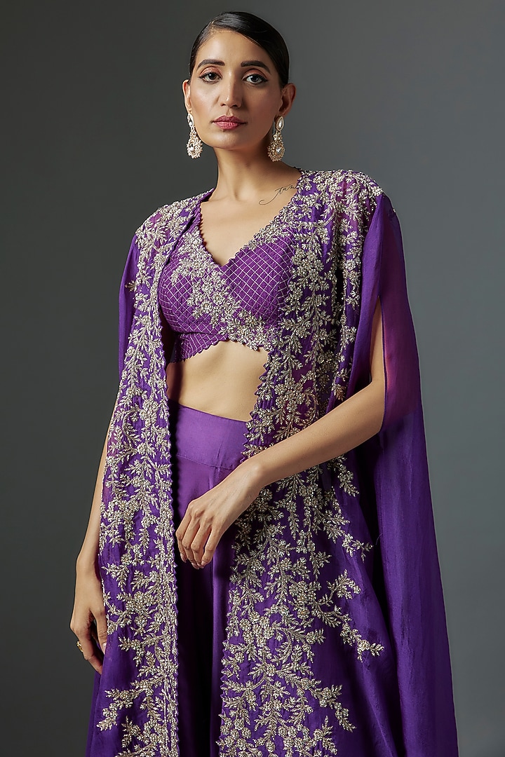 Purple Organza Zardosi Embroidered Cape Set by Mrunalini Rao at Pernia's Pop Up Shop