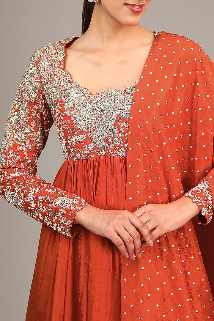 Orange Silk Resham & Zardosi Embroidered Bridal Anarkali Set by Mrunalini Rao at Pernia's Pop Up Shop