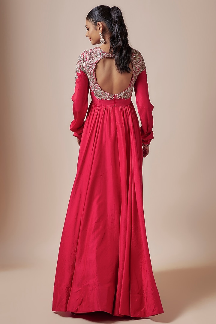 Red Silk Hand Embroidered Bridal Anarkali Set by Mrunalini Rao at Pernia's Pop Up Shop
