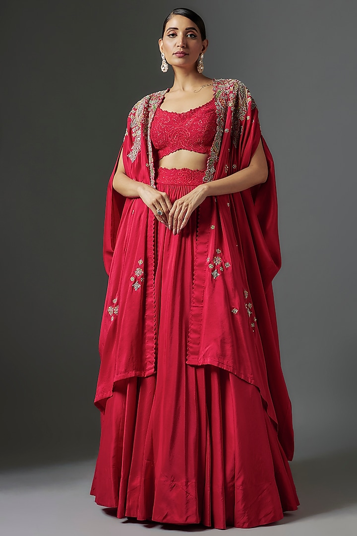 Red Dupion Silk Zardosi Embroidered Jacket Wedding Lehenga Set by Mrunalini Rao at Pernia's Pop Up Shop