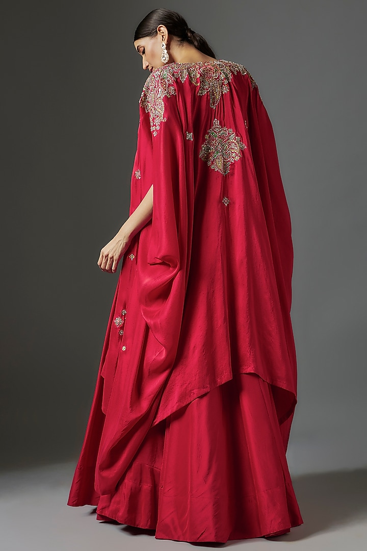 Red Dupion Silk Zardosi Embroidered Jacket Wedding Lehenga Set by Mrunalini Rao at Pernia's Pop Up Shop