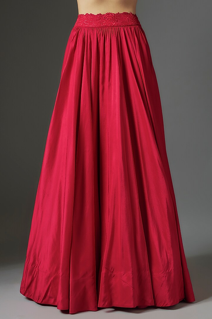 Red Dupion Silk Zardosi Embroidered Jacket Wedding Lehenga Set by Mrunalini Rao at Pernia's Pop Up Shop