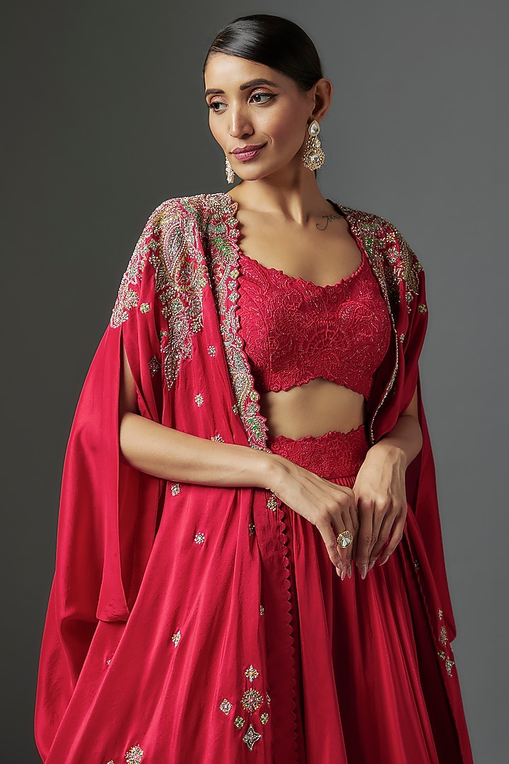 Red Dupion Silk Zardosi Embroidered Jacket Wedding Lehenga Set by Mrunalini Rao at Pernia's Pop Up Shop