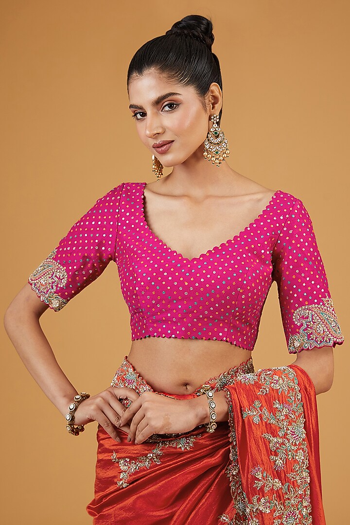 Orange Net Embroidered Bridal Saree Set by Mrunalini Rao at Pernia's Pop Up Shop