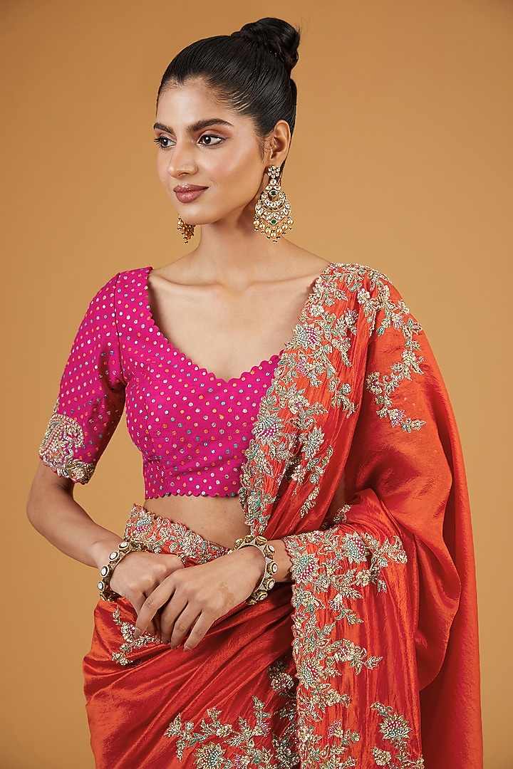 Orange Net Embroidered Bridal Saree Set by Mrunalini Rao at Pernia's Pop Up Shop