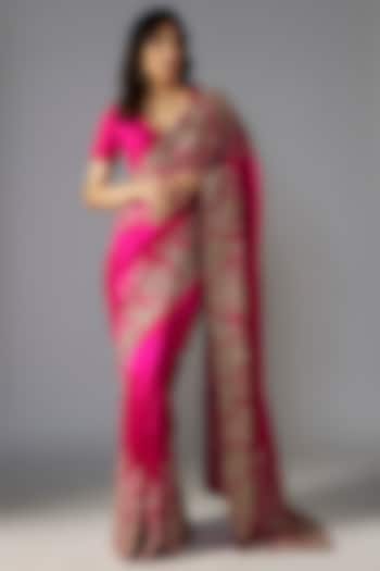 Fuchsia Pink Kora Silk Hand Embroidered Saree Set by Mrunalini Rao