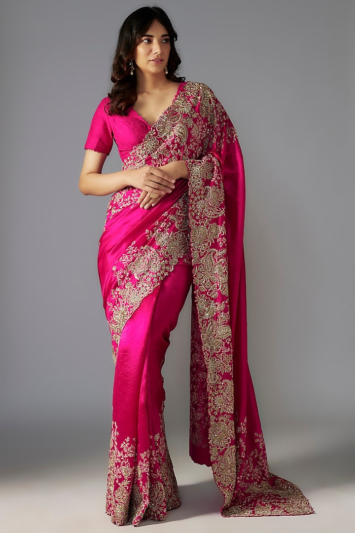 Fuchsia Pink Kora Silk Hand Embroidered Saree Set by Mrunalini Rao