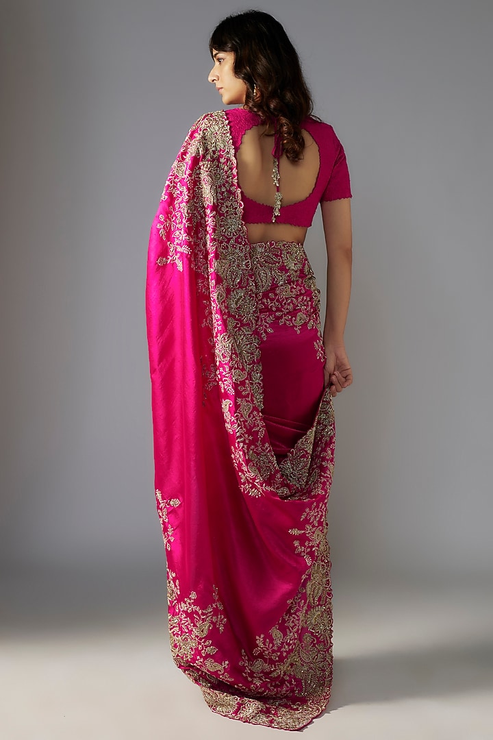 Fuchsia Pink Kora Silk Hand Embroidered Bridal Saree Set by Mrunalini Rao at Pernia's Pop Up Shop