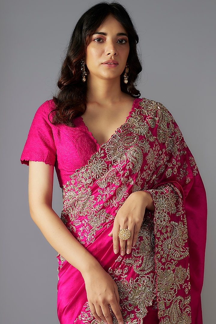 Fuchsia Pink Kora Silk Hand Embroidered Bridal Saree Set by Mrunalini Rao at Pernia's Pop Up Shop