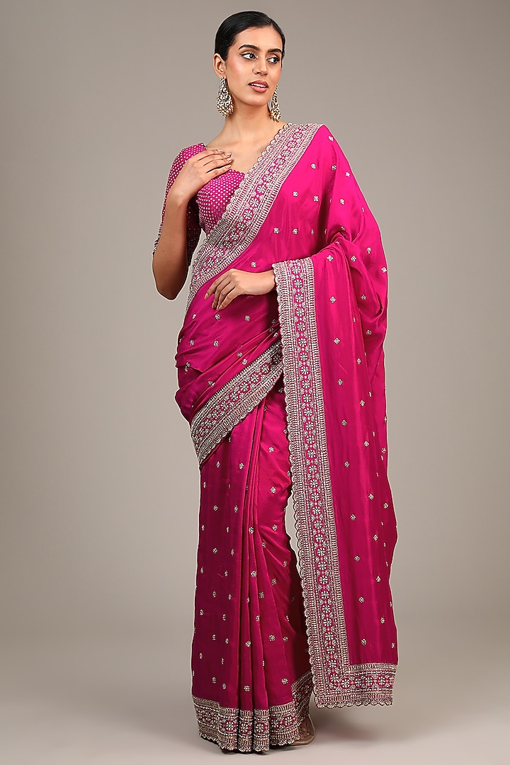 Pink Raw Silk Sequins & Pearl Embroidered Bridal Saree Set by Mrunalini Rao at Pernia's Pop Up Shop