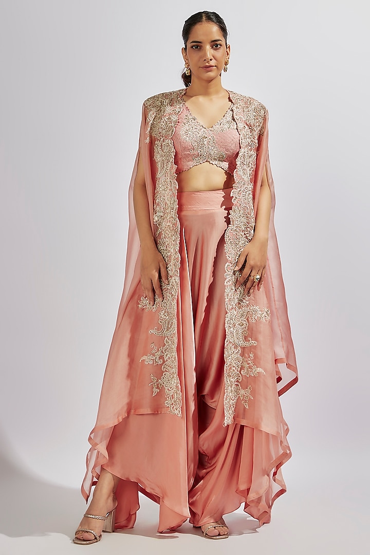 Sheer Peach Organza Pearl & Zardosi Embroidered Jacket Lehenga Set by Mrunalini Rao