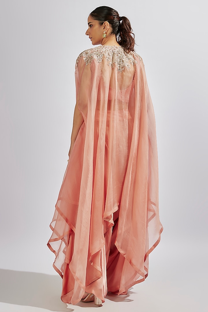 Sheer Peach Organza Pearl & Zardosi Embroidered Cape Set by Mrunalini Rao at Pernia's Pop Up Shop