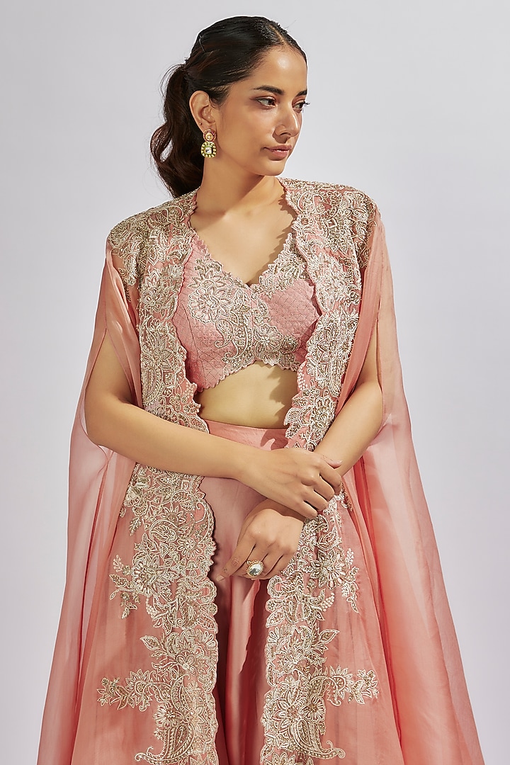 Sheer Peach Organza Pearl & Zardosi Embroidered Cape Set by Mrunalini Rao at Pernia's Pop Up Shop