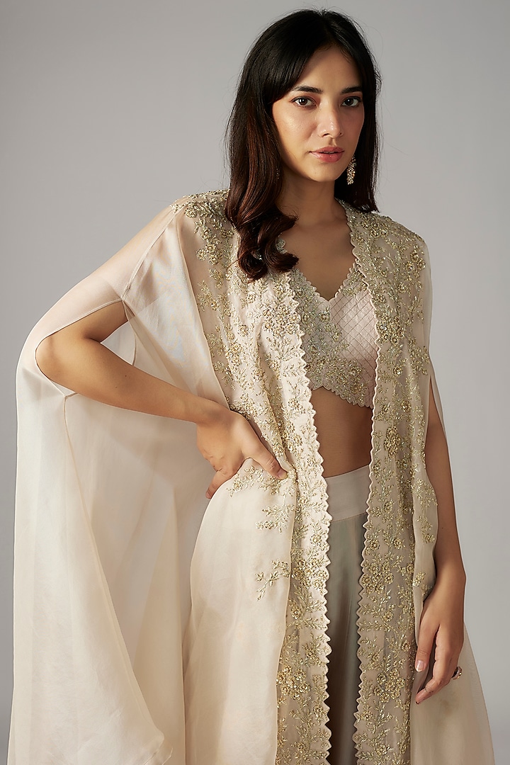 Ivory Organza Pearl Embroidered Cape Set by Mrunalini Rao at Pernia's Pop Up Shop