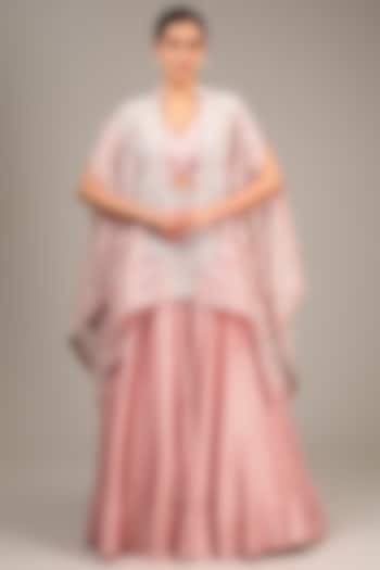 Peach Organza Resham & Pearl Embroidered Cape Set by Mrunalini Rao at Pernia's Pop Up Shop