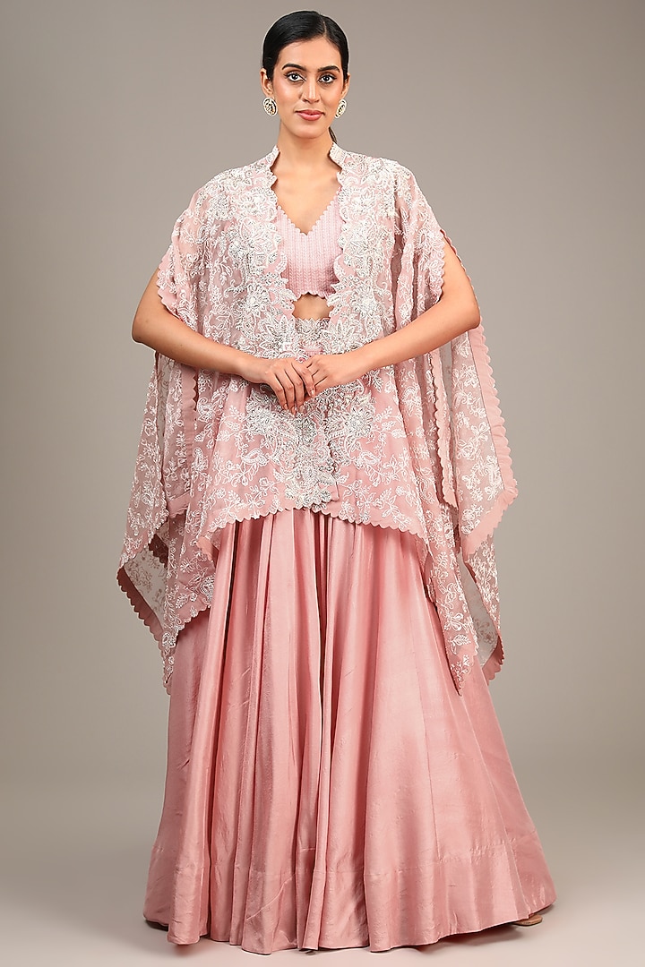 Peach Organza Resham & Pearl Embroidered Cape Set by Mrunalini Rao at Pernia's Pop Up Shop