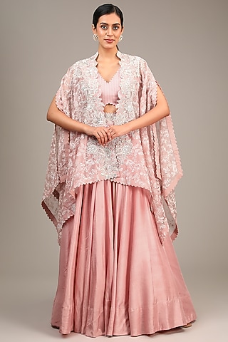 Peach Organza Resham & Pearl Embroidered Cape Set by Mrunalini Rao