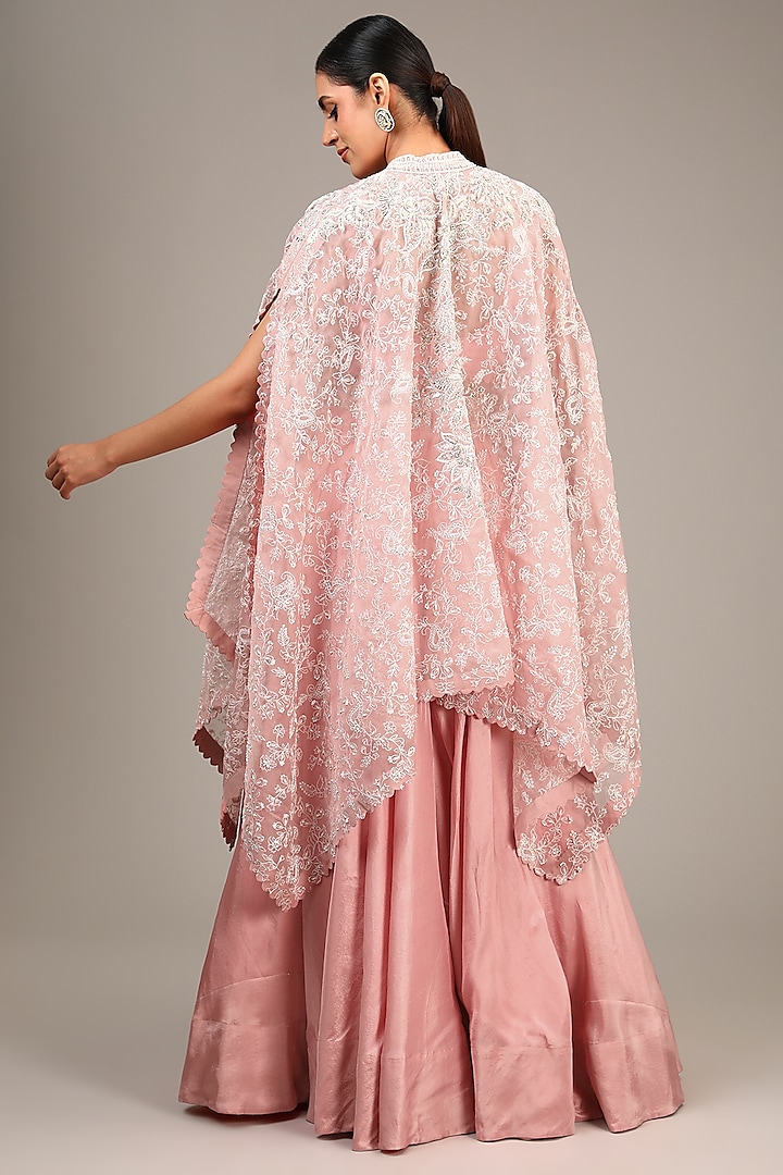 Peach Organza Resham & Pearl Embroidered Cape Set by Mrunalini Rao at Pernia's Pop Up Shop