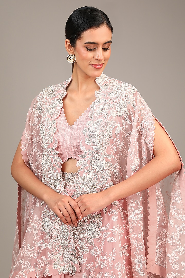 Peach Organza Resham & Pearl Embroidered Cape Set by Mrunalini Rao at Pernia's Pop Up Shop