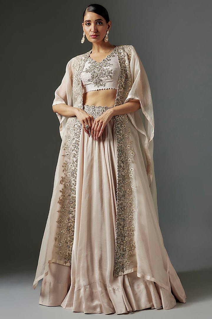 Ivory Dupion Silk Embroidered Jacket Wedding Lehenga Set by Mrunalini Rao at Pernia's Pop Up Shop