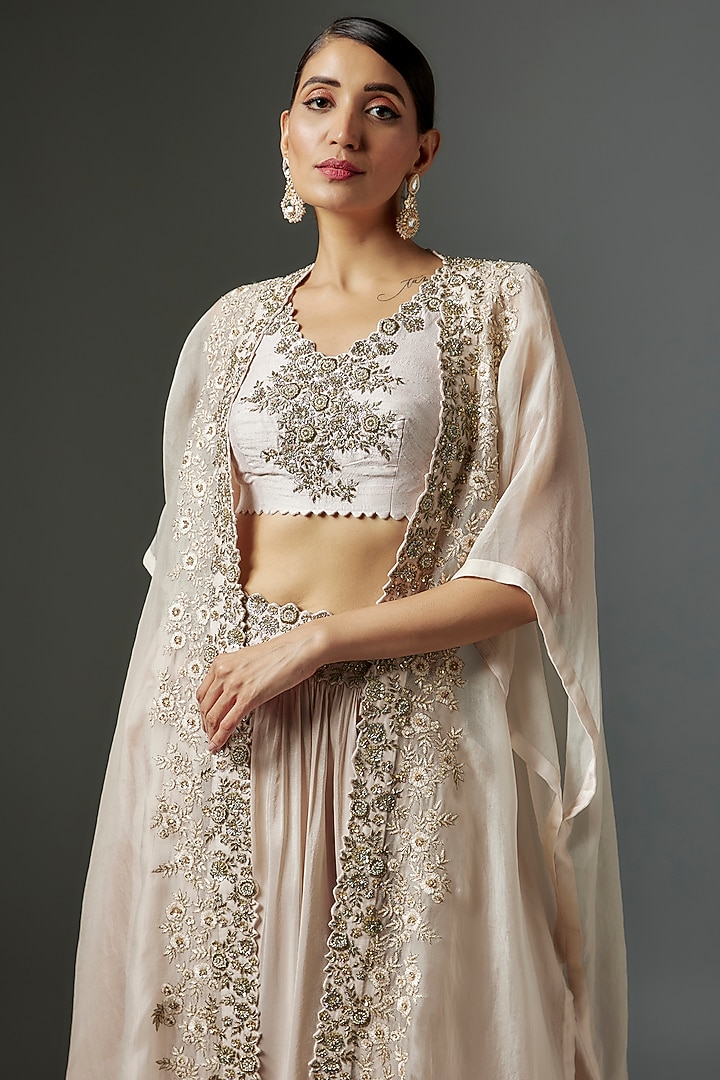 Ivory Dupion Silk Embroidered Jacket Wedding Lehenga Set by Mrunalini Rao at Pernia's Pop Up Shop