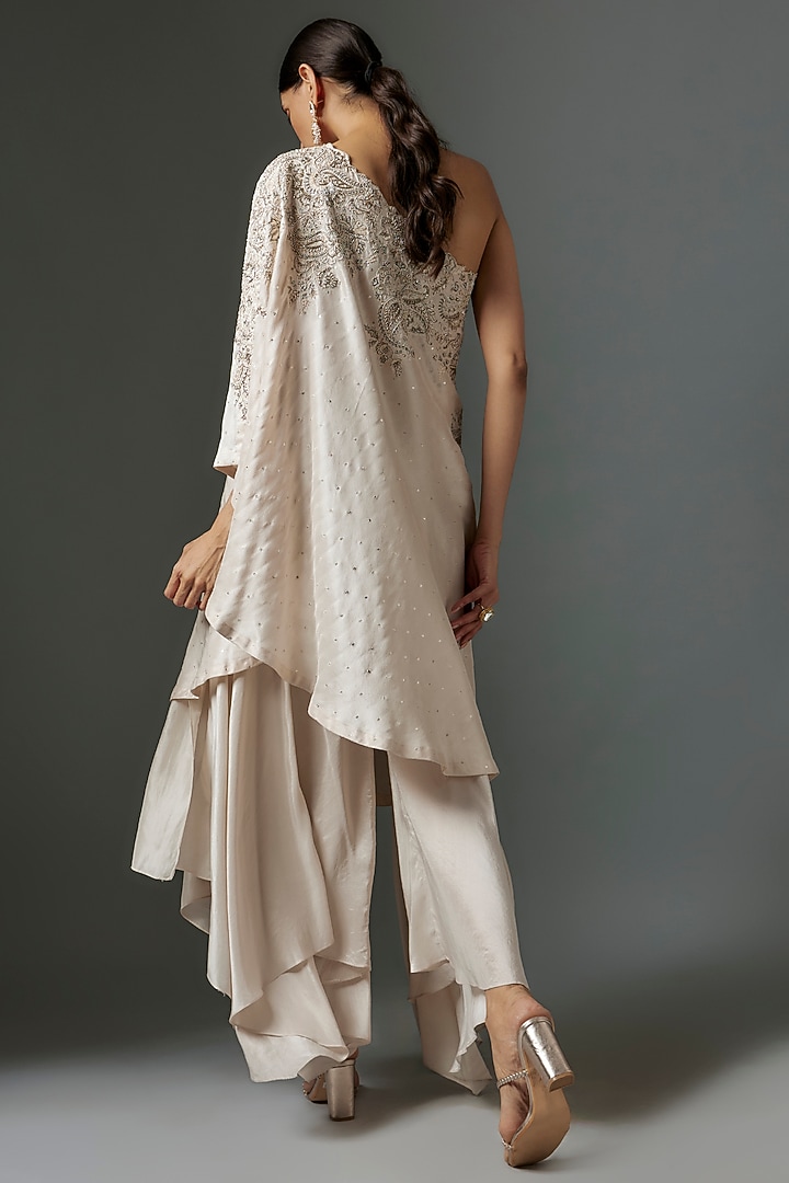 Ivory Pure Silk Hand Embroidered One-Shoulder Kaftan Set by Mrunalini Rao at Pernia's Pop Up Shop