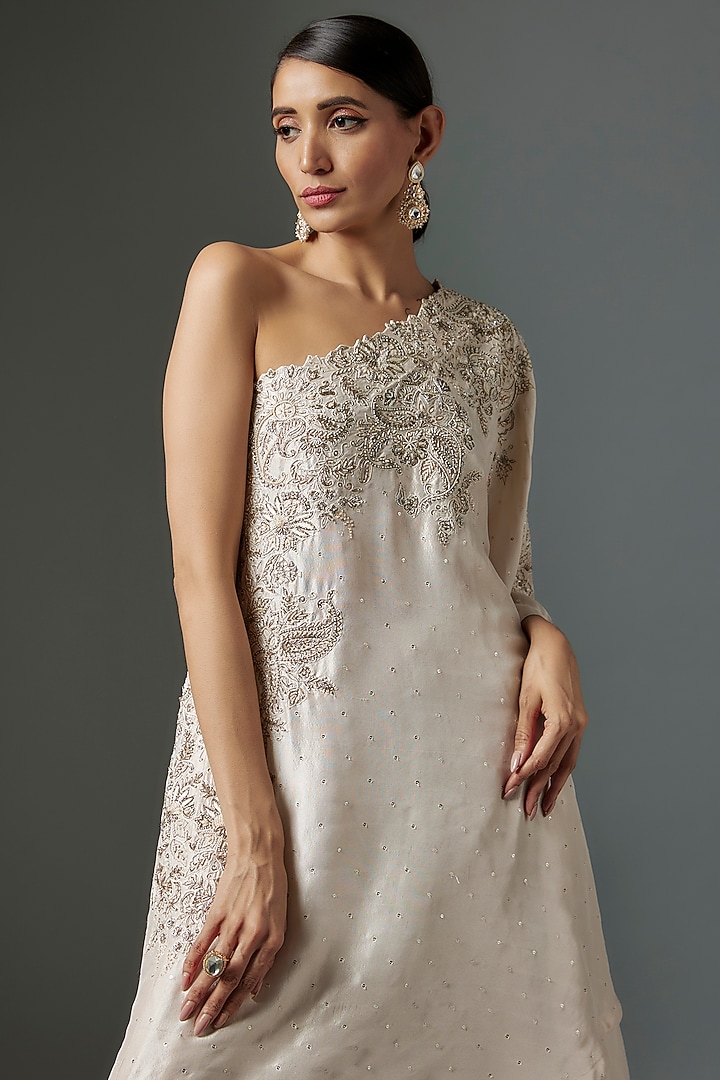 Ivory Pure Silk Hand Embroidered One-Shoulder Kaftan Set by Mrunalini Rao at Pernia's Pop Up Shop