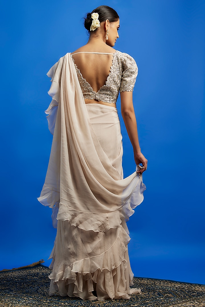 Ivory Chiffon Ruffled Reception Saree Set by Mrunalini Rao at Pernia's Pop Up Shop