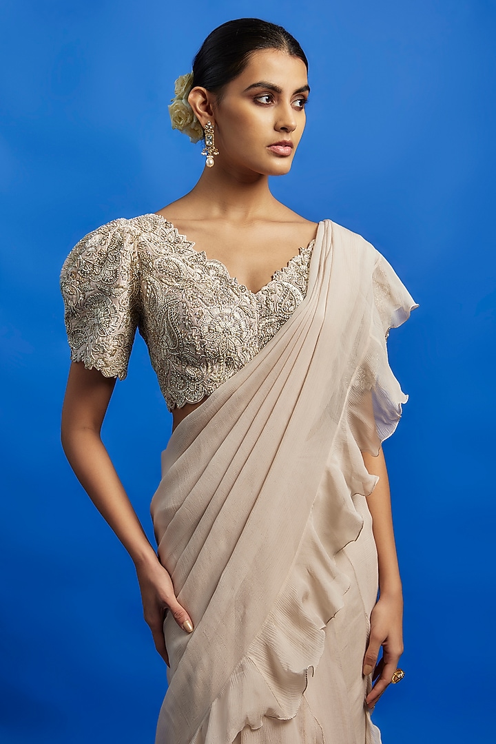 Ivory Chiffon Ruffled Reception Saree Set by Mrunalini Rao at Pernia's Pop Up Shop