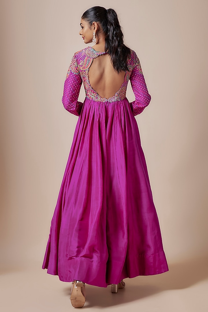 Magenta Silk Hand Embroidered Bridal Anarkali Set by Mrunalini Rao at Pernia's Pop Up Shop