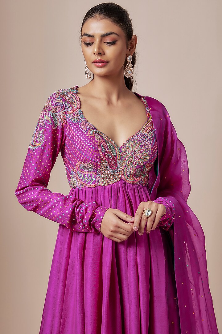 Magenta Silk Hand Embroidered Bridal Anarkali Set by Mrunalini Rao at Pernia's Pop Up Shop