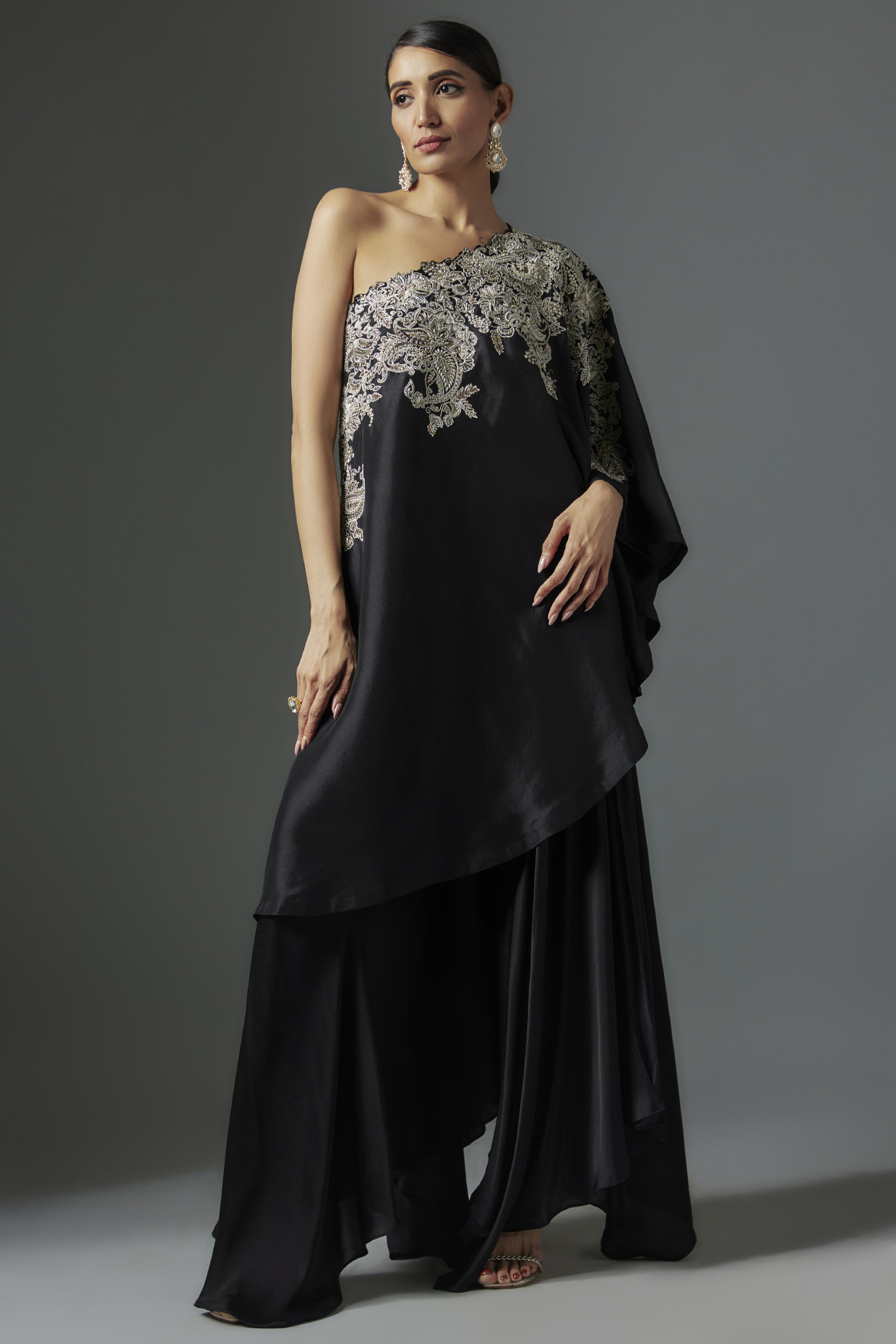 Black Pure Silk Hand Embroidered One-Shoulder Kaftan Set by Mrunalini Rao at Pernia's Pop Up Shop