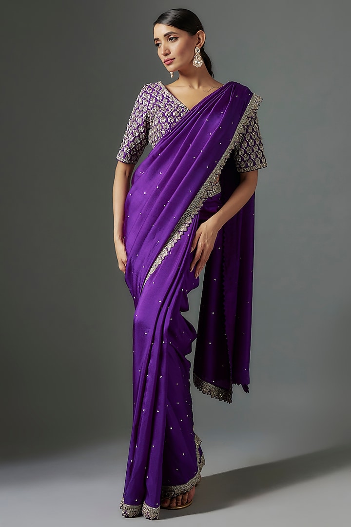Purple Silk Hand Embroidered Saree Set by Mrunalini Rao