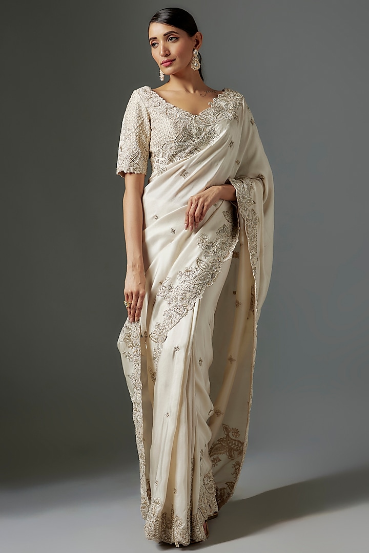 Ivory Silk Hand Embroidered Saree Set by Mrunalini Rao