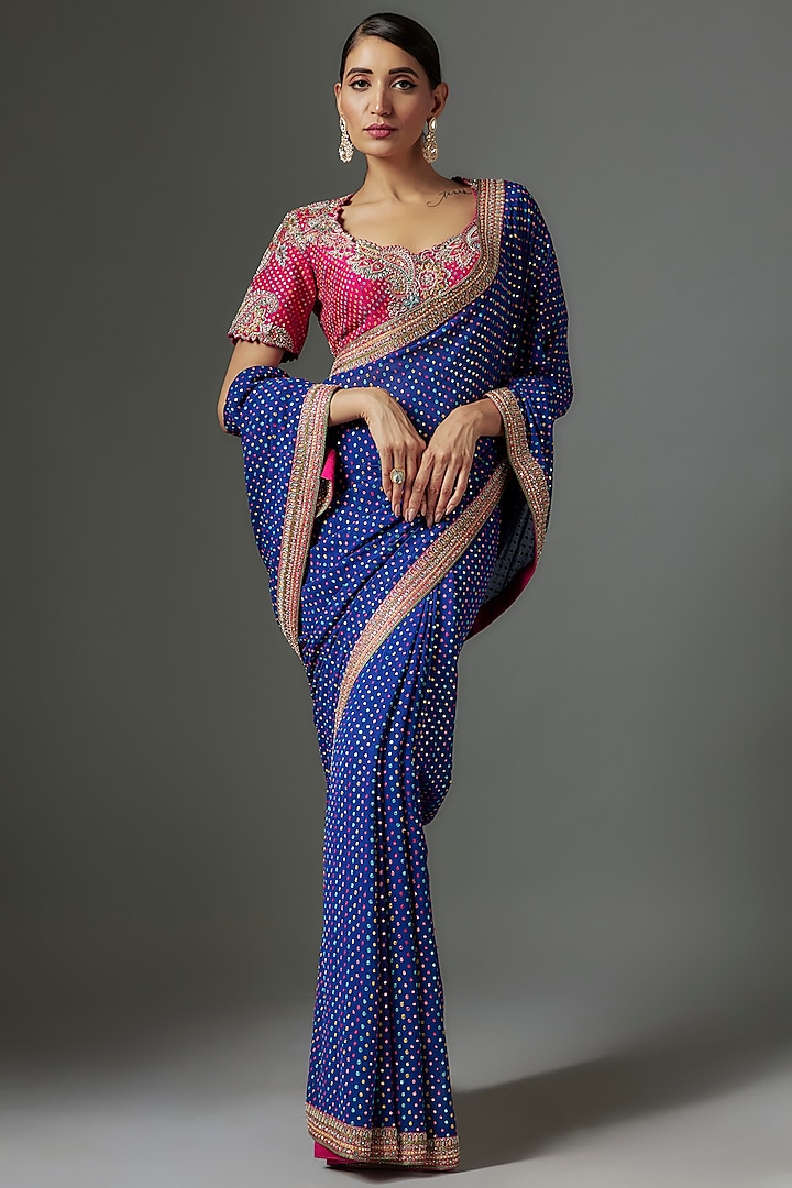 Royal Blue Georgette Hand Embroidered Saree Set by Mrunalini Rao