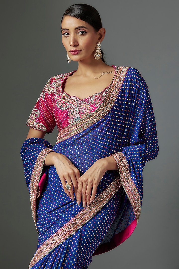 Royal Blue Georgette Hand Embroidered Bridal Saree Set by Mrunalini Rao at Pernia's Pop Up Shop
