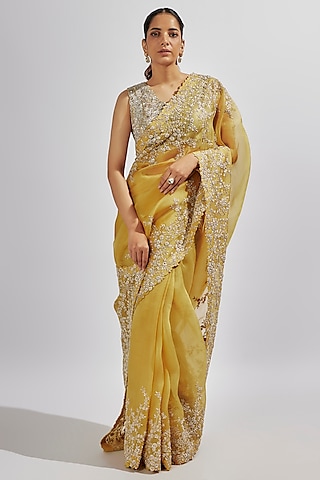 Yellow Organza Hand Embroidered Saree Set by Mrunalini Rao