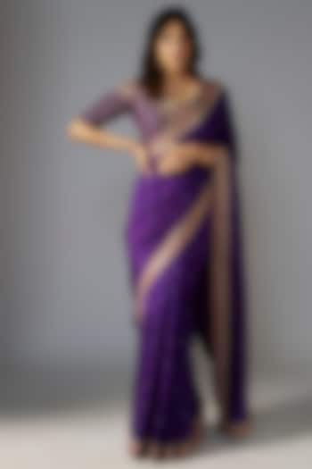 Purple Silk Hand Embroidered Saree Set by Mrunalini Rao