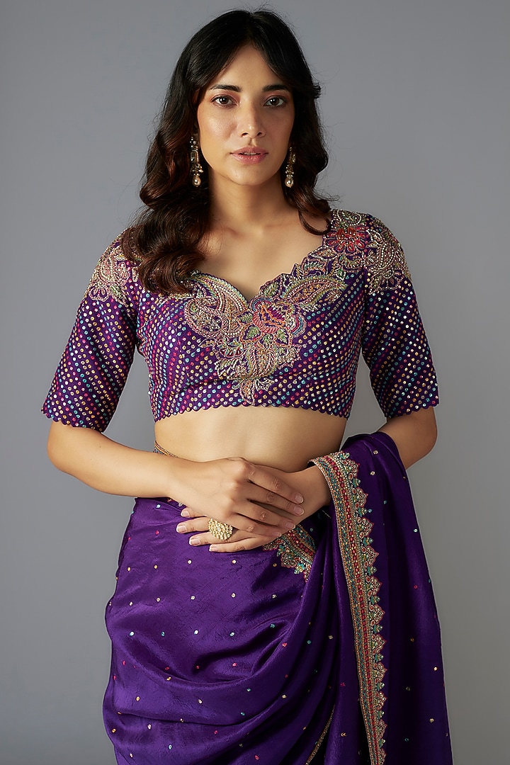 Purple Silk Hand Embroidered Reception Saree Set by Mrunalini Rao at Pernia's Pop Up Shop