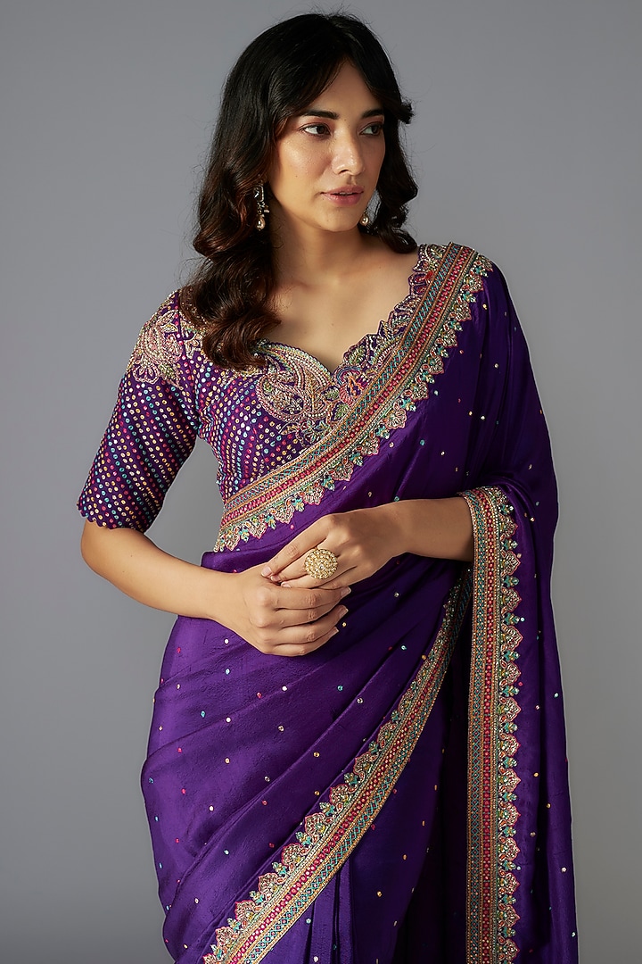 Purple Silk Hand Embroidered Reception Saree Set by Mrunalini Rao at Pernia's Pop Up Shop