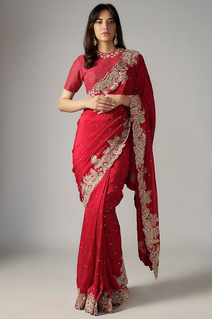 Red Pure Silk Hand Embroidered Saree Set by Mrunalini Rao