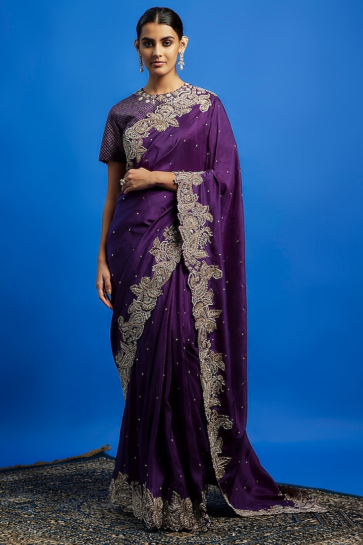 Purple Pure Silk Hand Embroidered Saree Set by Mrunalini Rao