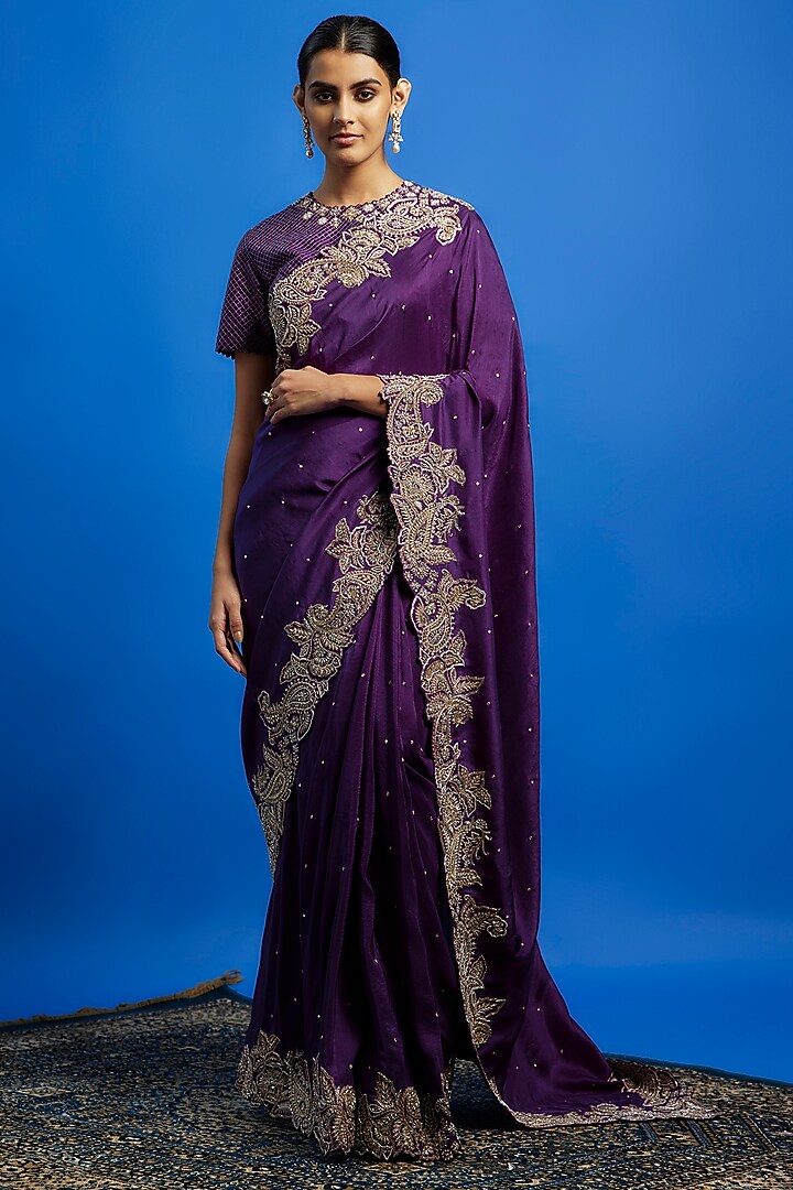 Purple Pure Silk Hand Embroidered Bridal Saree Set by Mrunalini Rao at Pernia's Pop Up Shop