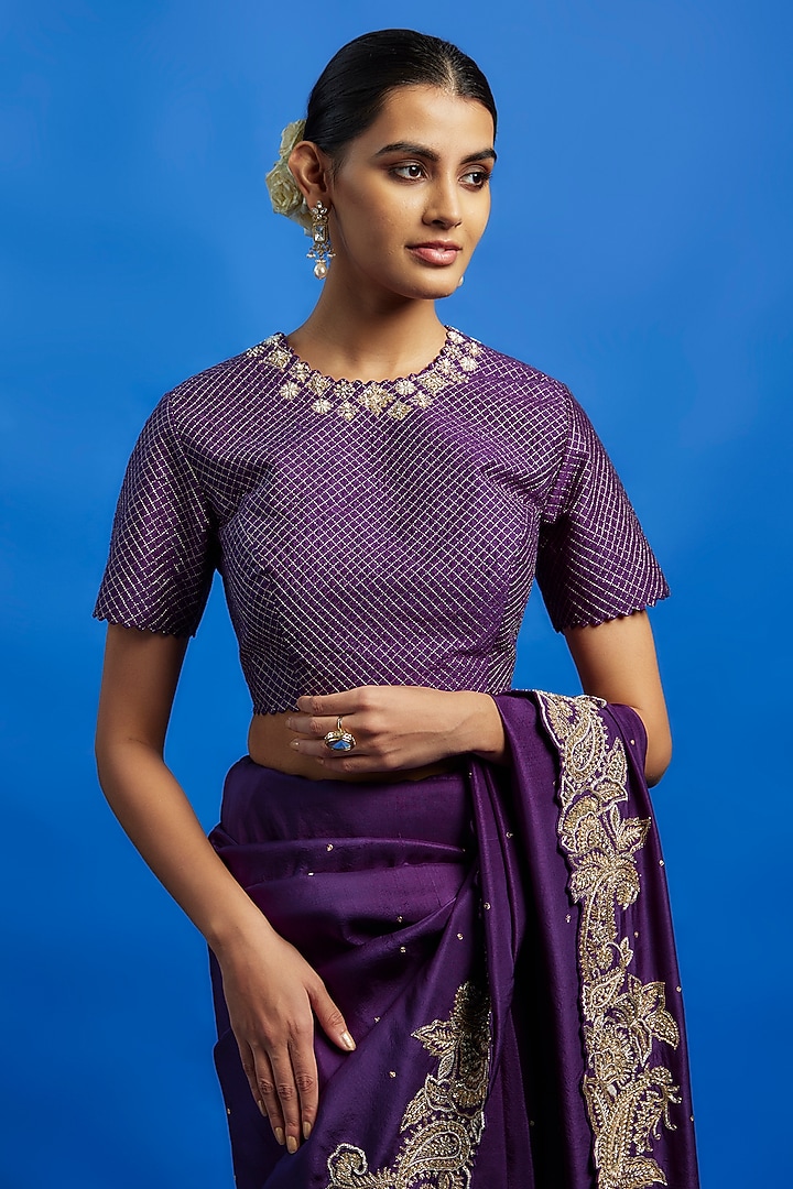 Purple Pure Silk Hand Embroidered Bridal Saree Set by Mrunalini Rao at Pernia's Pop Up Shop