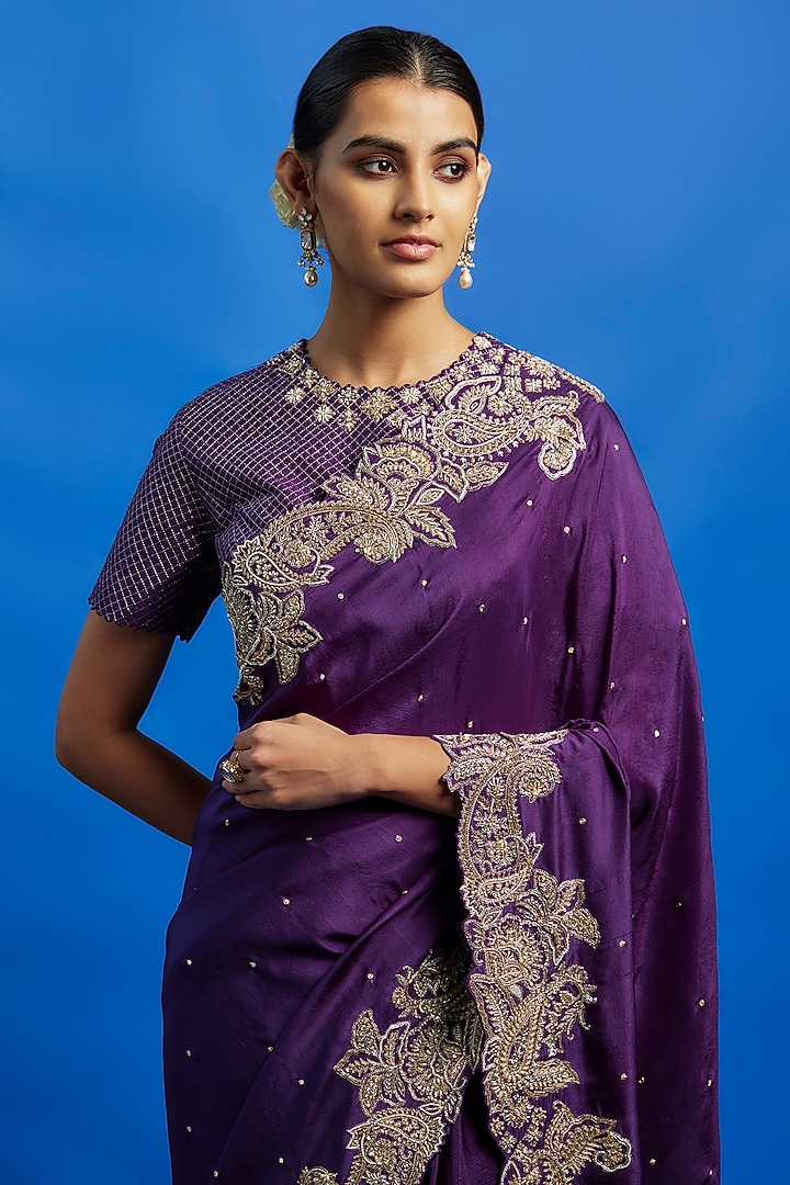 Purple Pure Silk Hand Embroidered Bridal Saree Set by Mrunalini Rao at Pernia's Pop Up Shop