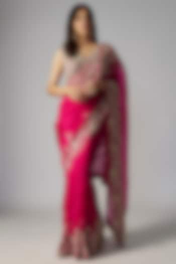 Hot Pink Organza Saree Set by Mrunalini Rao